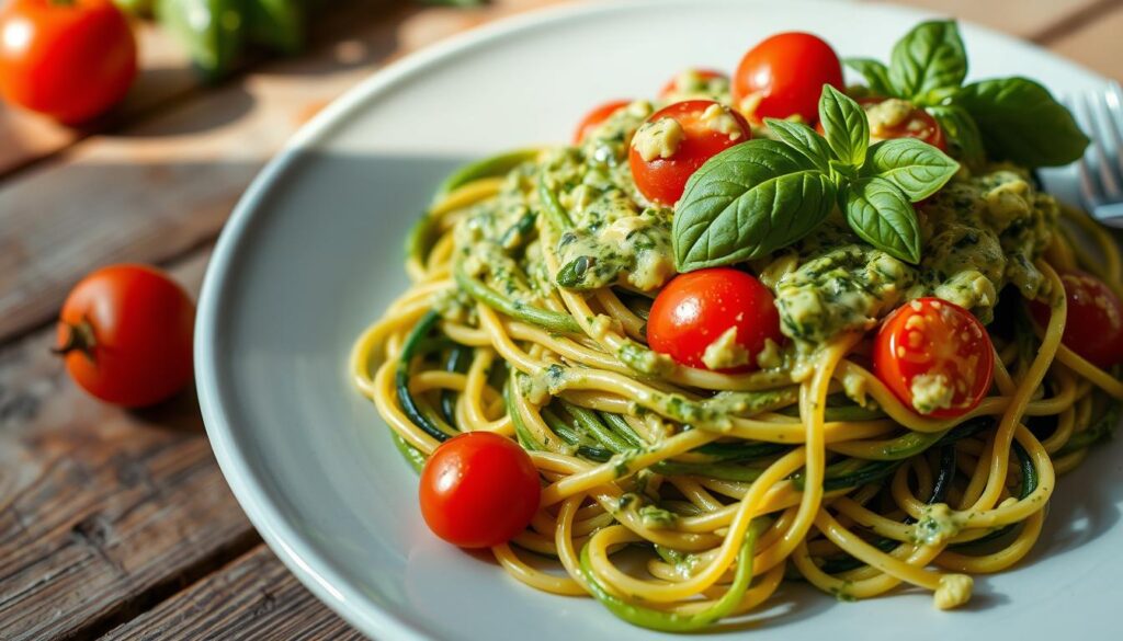 zucchini noodles with creamy avocado pesto