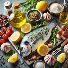 All the ingredients for Mediterranean baked fish: olive oil, garlic, lemon, herbs, and fresh fish fillets arranged on a kitchen counter."