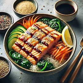 A healthy miso salmon bowl featuring flaky salmon, steamed spinach, carrots, and a drizzle of miso

 