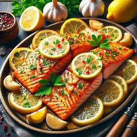 platA ter of baked lemon garlic salmon fillets, garnished with lemon wedges and fresh parsley