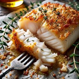 Close-up of baked white fish fillets, flaking easily with a fork, with a golden-brown crust